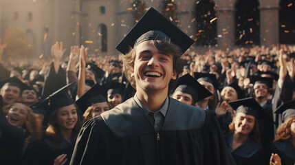 Obraz premium Happy male student in a black square cap and gown on graduation day. 