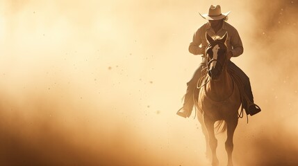 A man riding a horse wearing a cowboy hat in the dust of the prairie.