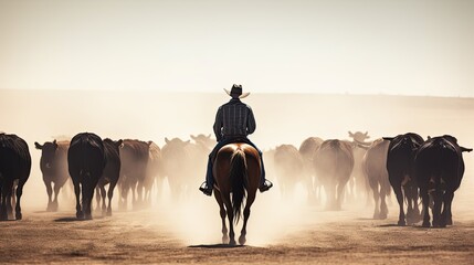 Cattle drivers. A man in a cowboy hat while driving a herd of horses.