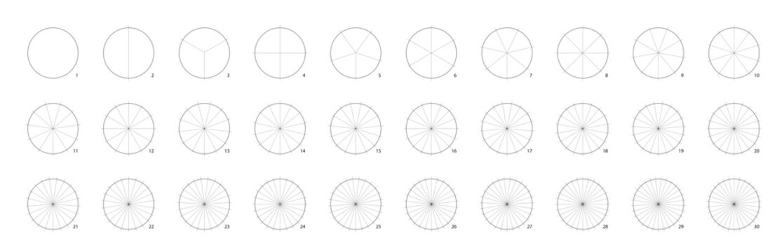 Circle fraction for math pie chart. Wheel cut segments or pizza divided into slices. Round math graphic equal parts division. Sector split percentage diagram
