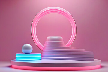 Neonlits with gradient rings and laser waves Geometric background concept for Circle podium
