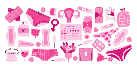 Set of female menstrual hygiene isolated on white. Doodle-style menstrual pads and tampons, pills, menstrual cups, period tracking calendar, and more