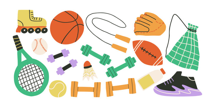 A set with sports equipment for exercises. Cross trainers, dumbbells, skipping rope, tennis racket, football, baseball, sports. Hand drawn flat style illustration.