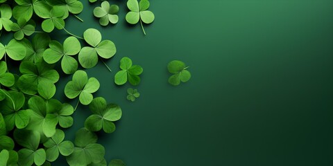 Green clover leaves on green background, copy space