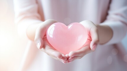 Volumetric pink heart holding a woman's hands close-up. Symbol of love. Happy Valentine's Day