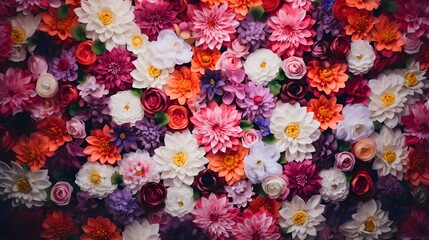 Flowers wall background with amazing red, orange, pink, purple, green and white flowers ,Wedding decoration, valentine , hand made Beautiful flowers wall background, a lot of flowers species, multi co