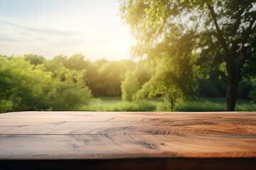 Naklejka na ściany i meble A wooden table in the sunshine with trees around, in the style of photo-realistic landscapes, rustic abstraction, blurry details, pastoral landscape, rounded