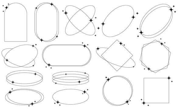 Set of geometric aesthetic abstract line frames and shapes with stars boho, brutalism, Y2K style. Geometric elements with sparkles for template design social media, poster, banner, logo, stickers