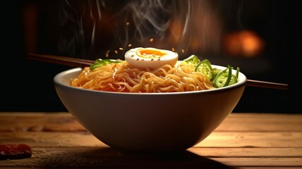 bowl of noodles with boiled egg. generative ai