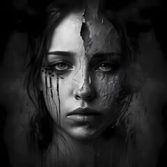 Abstract portrait of woman with cracked grey skin. victim of violence, domestic abuse, abuse, harassment. stop violence against women. Depression. Mental health. Neurosis. AI illustration monochrome.