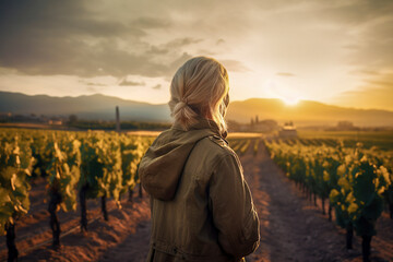 woman with blonde hair, wearing a jacket, stands in a vineyard at sunset, with rows of grapevines...