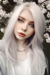 young woman with white hair and a gray scarf is surrounded by pink flowers, creating a soft and dreamy atmosphere, ai generative
