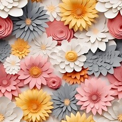 floral pattern abstract paper flowers isolated on white, botanical background. Rose, daisy, dahlia, leaves in pastel colors. Modern decorative