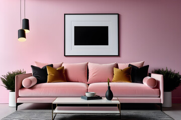 Frame mockup, ISO A paper size. Living room wall poster mockup. Interior mockup with house background. Modern interior design. 3D render, generative ai