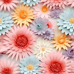 floral pattern abstract paper flowers isolated on white, botanical background. Rose, daisy, dahlia, leaves in pastel colors. Modern decorative