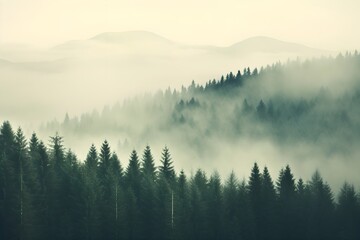 Misty landscape with fir forest in vintage retro style.