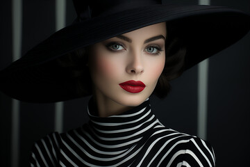 Fashion Beauty - A lady is portrayed wearing a stylish black hat, red lips, and a black-and-white striped top - Generative AI