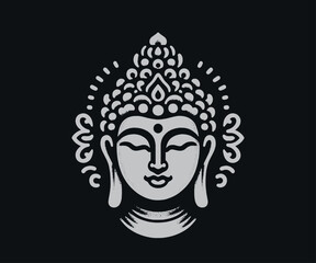Buddha face on a black background. Simple vector illustration, logo. Minimalism