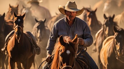 Cattle drivers. A man in a cowboy hat while driving a herd of horses. Portrait of a man on a horse. Hard work on the dusty prairies.