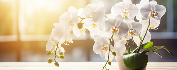 beautiful white orchid flowers blooming at autumn time. banner