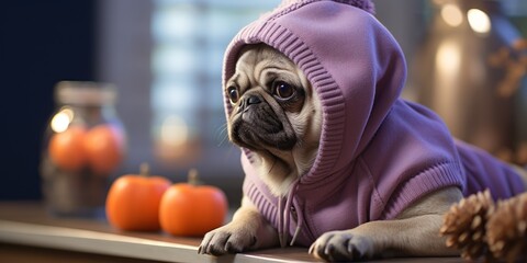 Pug in a purple hat gazes out the window.