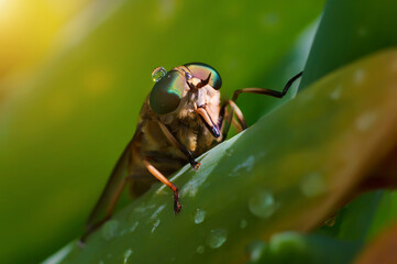 Macro photo with botfly and waterdrop on it's eye. Summer morning macro. - 692513297