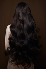 Portrait of brunette woman from back with long groomed and curly hair on dark background.