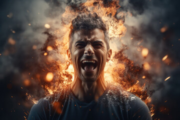 Portrait of a screaming man against a background of fire and smoke. Concept of mental health and psychological burnout. - obrazy, fototapety, plakaty