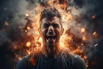 Foto op Plexiglas Portrait of a screaming man against a background of fire and smoke. Concept of mental health and psychological burnout. © Владимир Солдатов