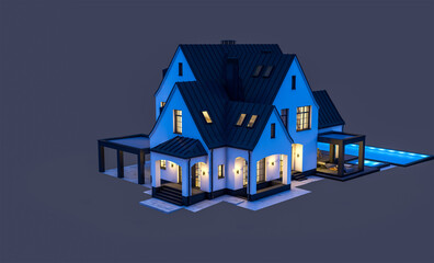 3d rendering of cute cozy white and black modern Tudor style house with parking  and pool for sale or rent with beautiful landscaping. Fairy roofs. In the night  Isolated on black