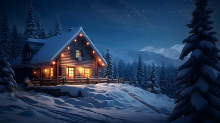  cozy wooden cabin cottage chalet house covered in snow in winter forest with the lights turn on