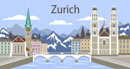 Zurich cityscape with landmarks - obrazy, fototapety, plakaty