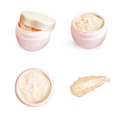 Body scrub. Round container with cream. Set of different angles on white background