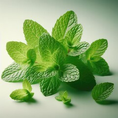 mint leaves on a green background - obrazy, fototapety, plakaty