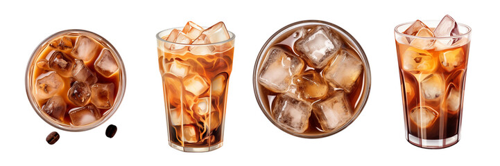 Set of glass filled with delicious cold coffee ice cubes with ice cubes isolated on a transparent or white background
