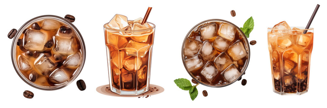 Set of glass filled with delicious cold coffee ice cubes with ice cubes isolated on a transparent or white background