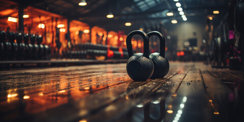 Black kettlebell and earphones await an intense gym session on a dark floor. - obrazy, fototapety, plakaty