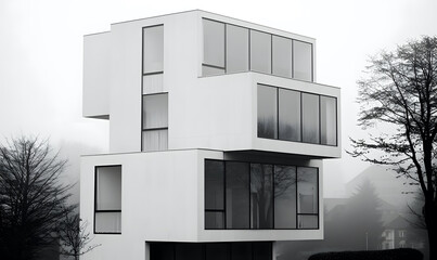 Four story, off-set, counter levering, brutalist architectural design in monochrome with floor-to-ceiling windows on most sides. - obrazy, fototapety, plakaty
