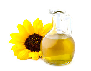 Sunflower and oil on white background.