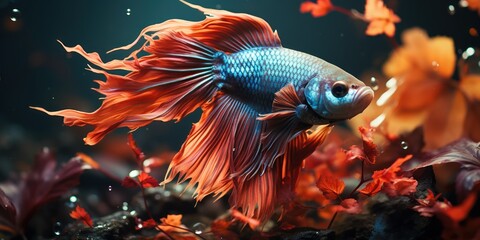Betta fish flaunts its fiery fins as it swims in a tranquil planted aquarium.