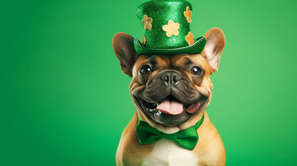 Irish st patricks day portrait of adorable french bulldog wearing green bow and green glitter cylinder hat with golden elements sitting on green background