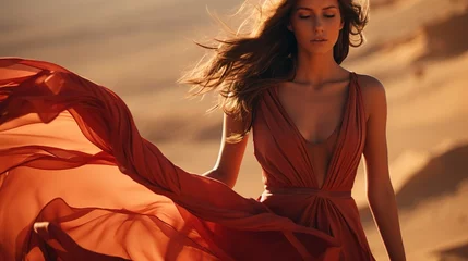 Schilderijen op glas A gorgeous  girl model walking in a red dress in the desert © Papilouz Studio