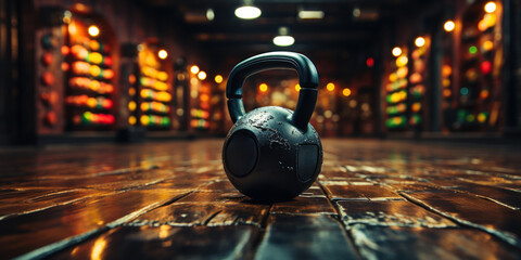 Black kettlebell and earphones await an intense gym session on a dark floor. - obrazy, fototapety, plakaty