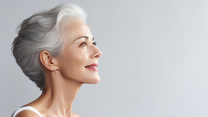 side view Attractive gorgeous mature older woman looking at camera isolated on white background advertising skincare spa treatment. Mid age tightening face skin care rejuvenation cosmetics concept.