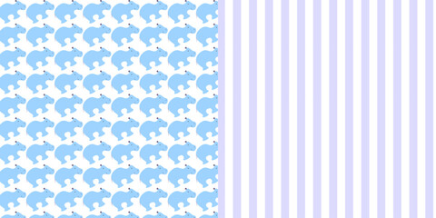blue nursery pattern with hippo and stripes, can used for baby background. Vector illustration in bright colors. 