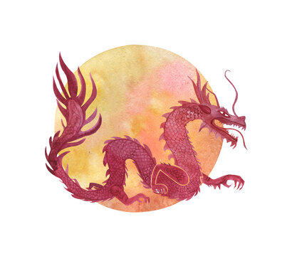 Chinese fire dragon, Watercolor red traditional Chinese folklore dragon, Suitable for Chinese New Year, Year
of the Dragon, Illustration Chinese Happy New Year 2024,
