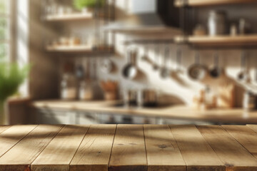 Wooden board with wooden pedestal and free space for your decoration. Kitchen interior with shelfs. Sun natural light and shadows. Mockup place for your products.  - 692518064
