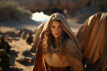 a woman in a dress wearing a robe is standing in the desert. Generative ai