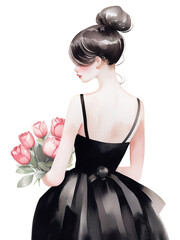 Watercolor illustration of a young girl in fashion black dress, with a bouquet of pink roses. Back view portrait.