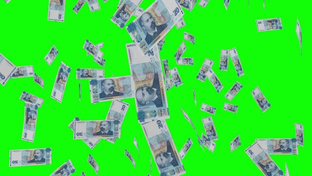 20 BULGARIAN LEVA notes falling Green screen